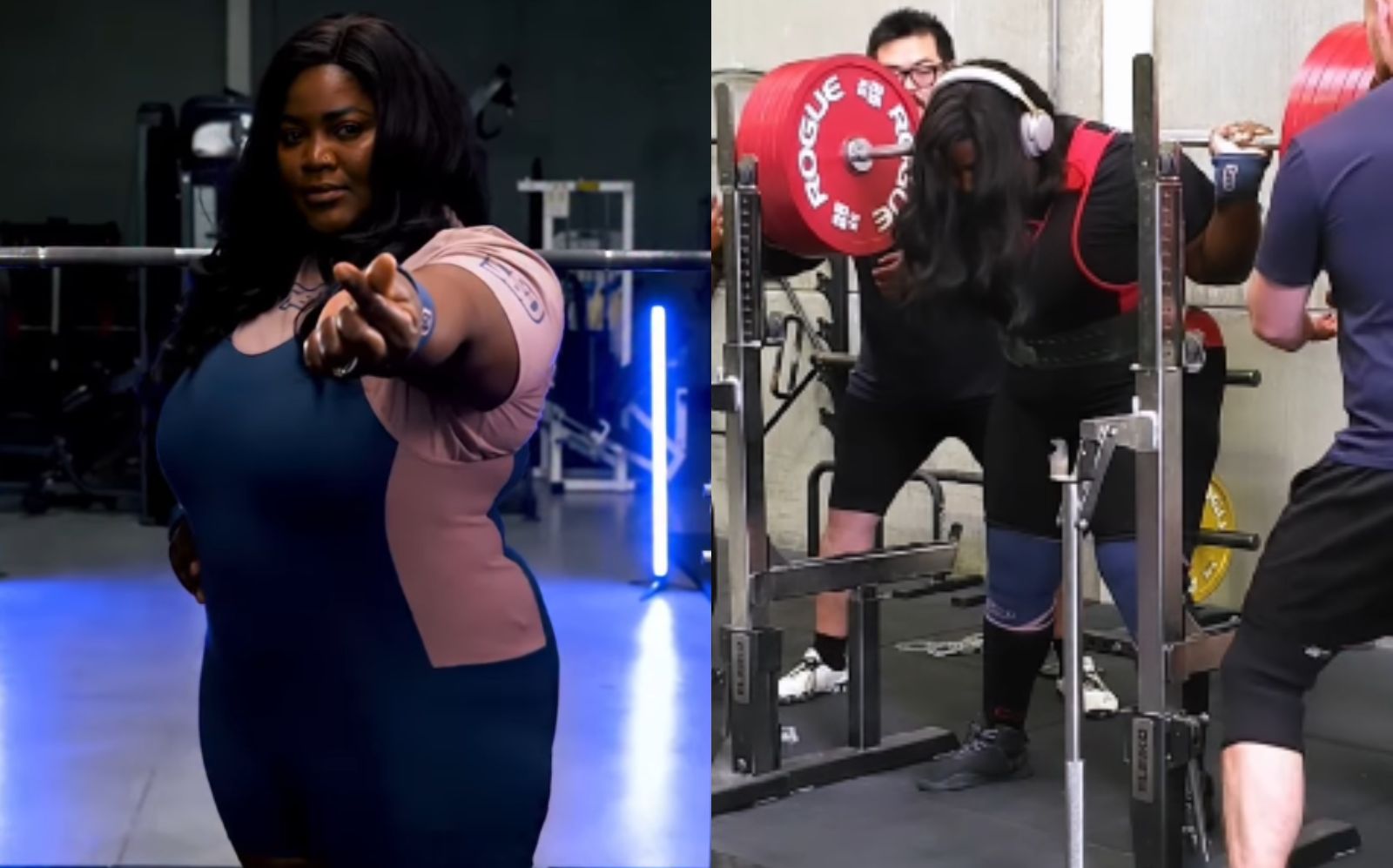 Sonita Muluh, vestindo camiseta esportiva, agarra barra carregada com 340 kg enquanto está posicionada no rack de squat