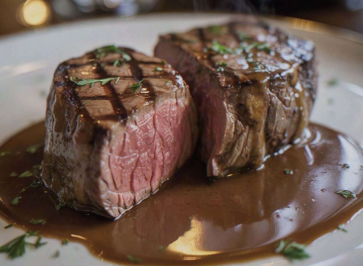 Uma carne de filé mignon grelhada, com detalhes do corte e fatias de pão e vegetais ao lado