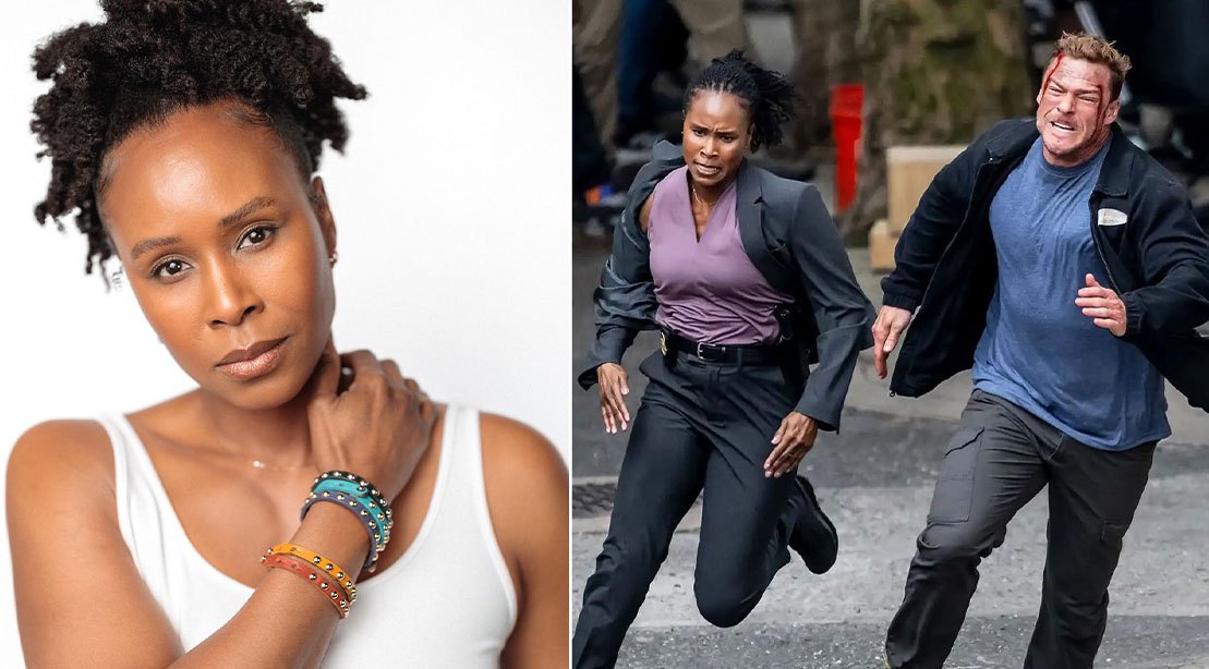Sydelle Noel segura barra de landmine, sorri, com tigela de feijão, nozes e proteína de ervilha ao lado