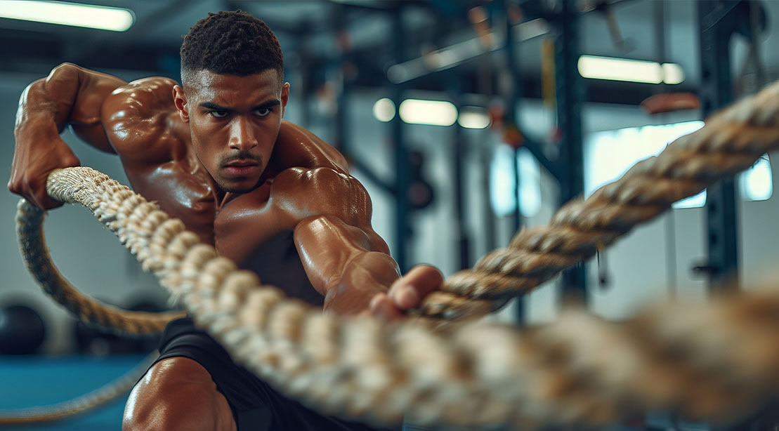 Atleta realizando agachamento com barra pesada em uma academia, focando em esforço intenso e técnica de força