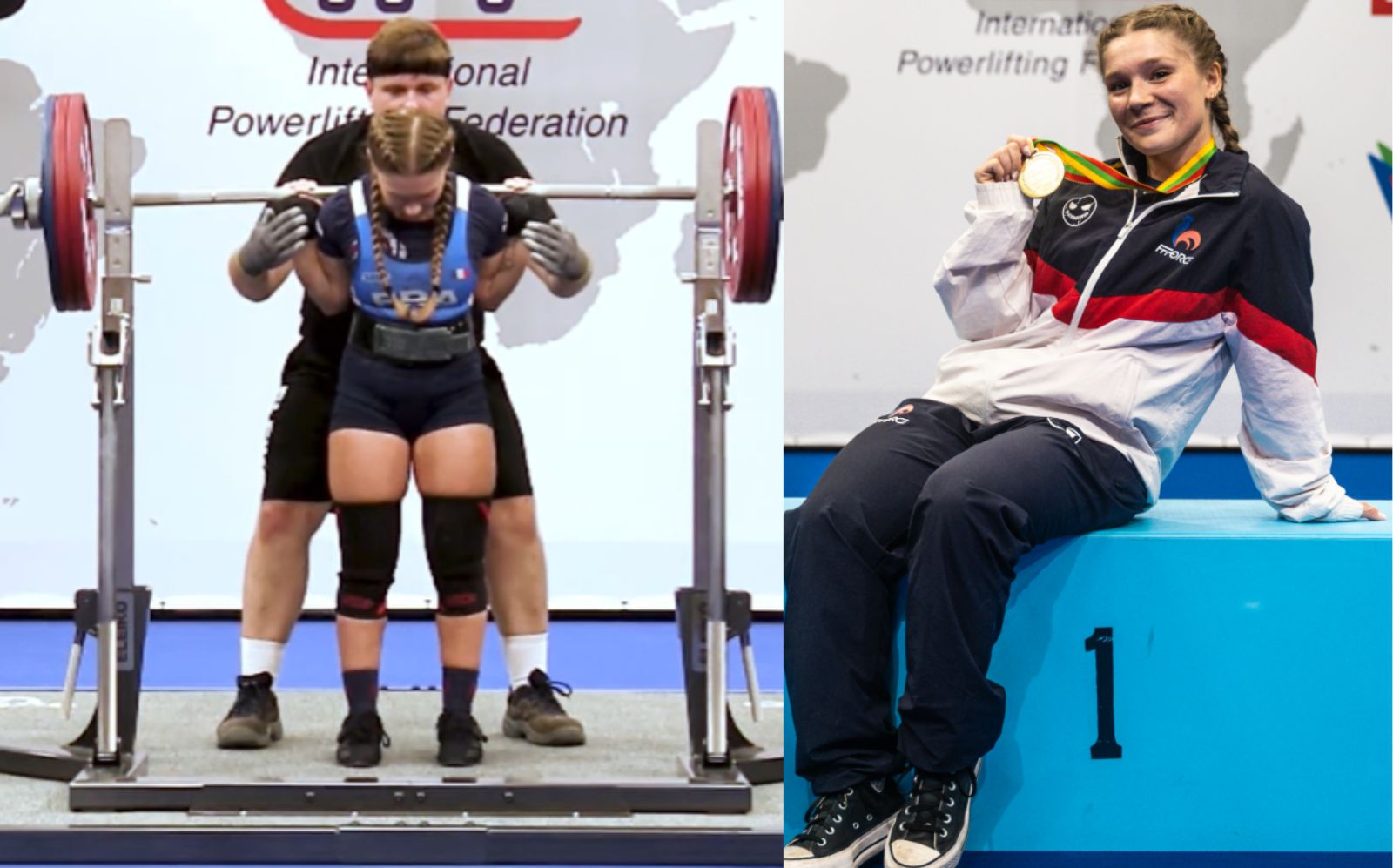 Uma mulher força levantando pesado peso no powerlifting, com um barra de pesos ao fundo e um painel de resultados ao lado
