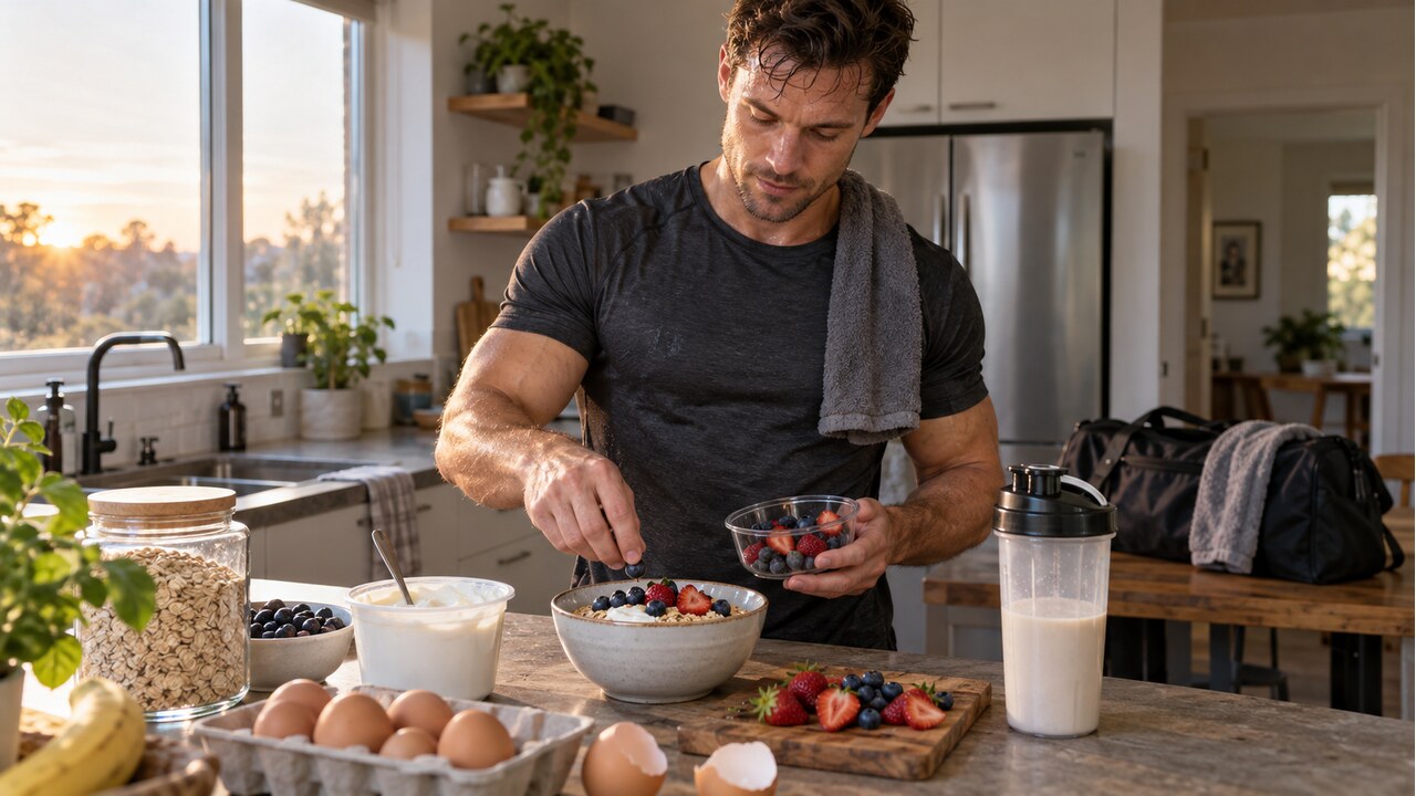 Pessoa segurando shaker de proteína ao lado de halteres, com relógio digital marcando 30 min ao fundo