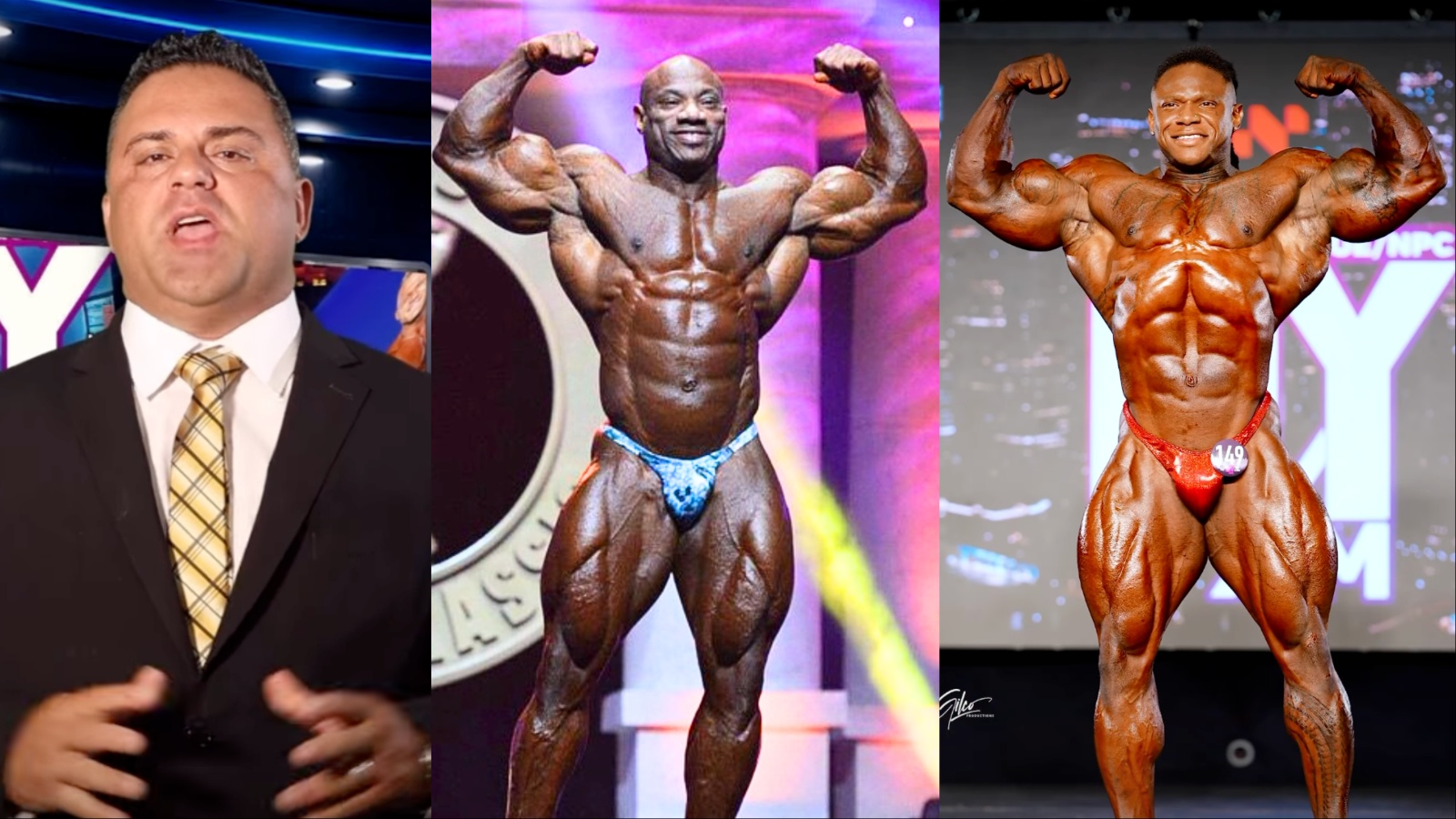 Tonio Burton posando em um palco de fisiculturismo, exibindo densidade muscular, vascularização e simetria impecável