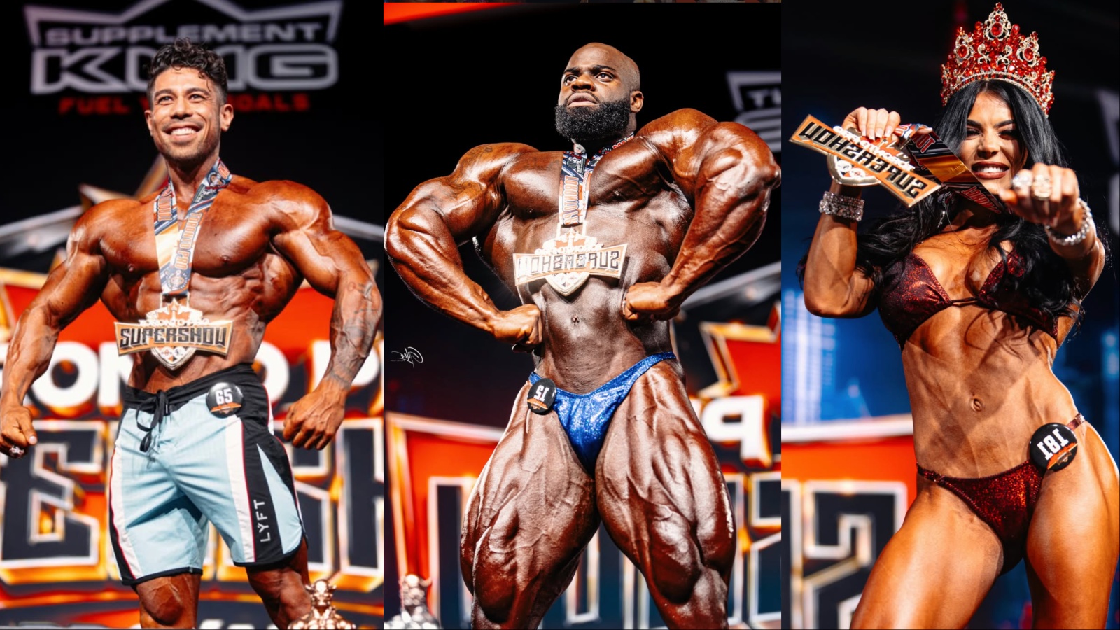 Um atleta de musculatura definida segurando um troféu em uma cena de pista de competição de bodybuilding