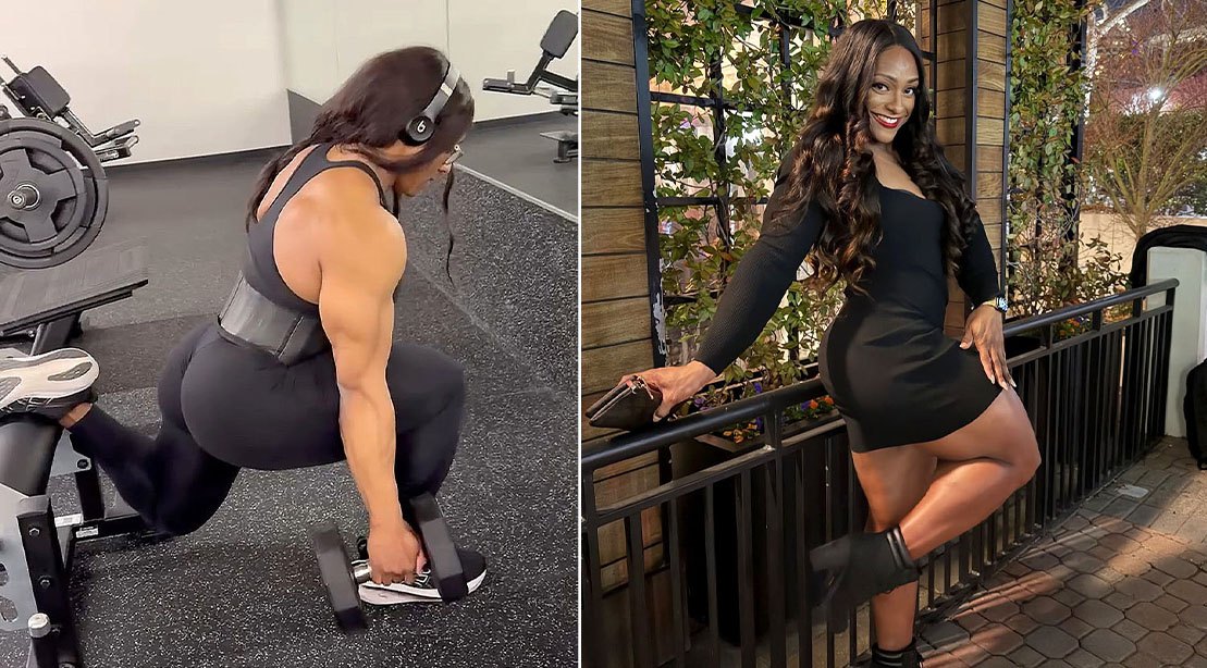 Uma mulher de musculatura definida executa uma Bulgarian split squat, com pesas em cada mão e um pé atrás