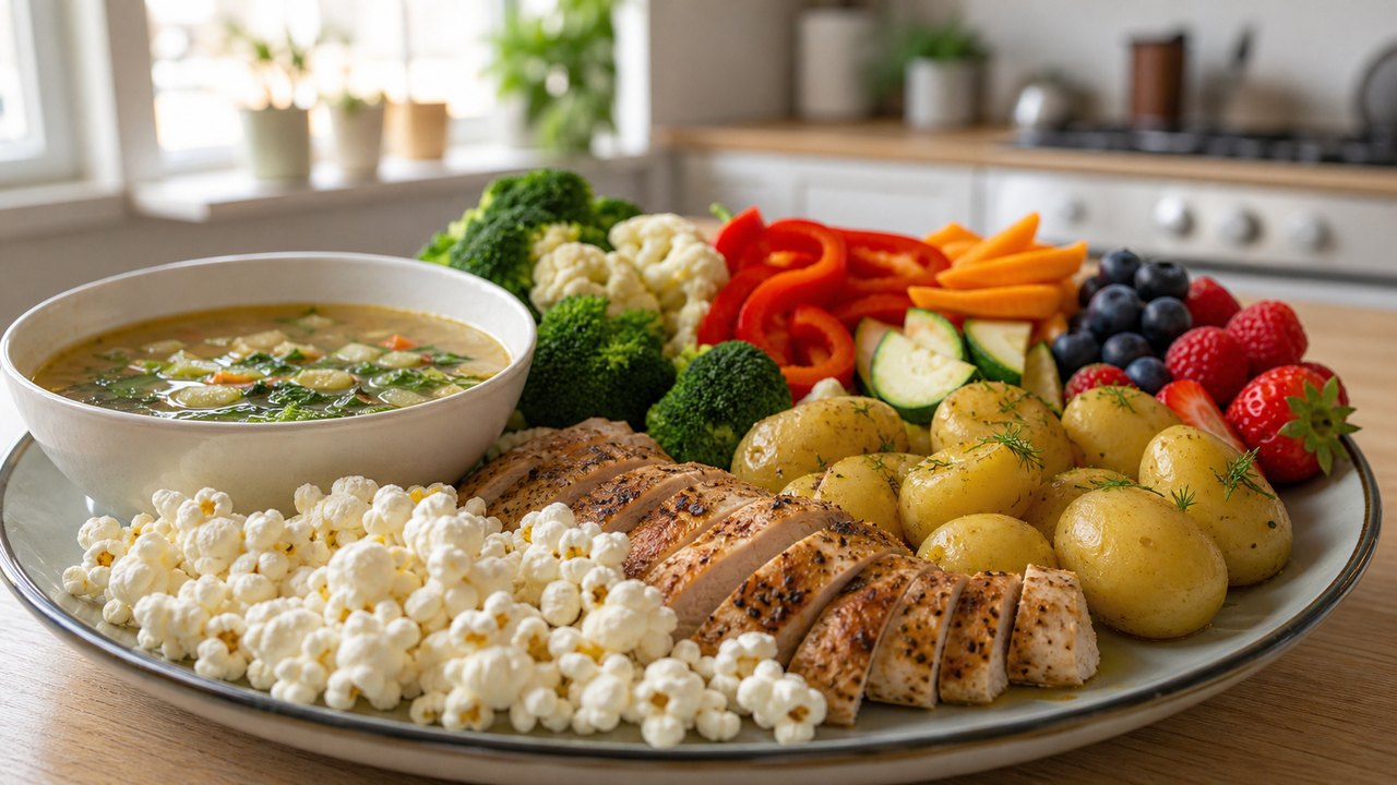 Bowl de quinoa, abacate, feijão, legumes crocantes, garrafas de água e halteres ao fundo