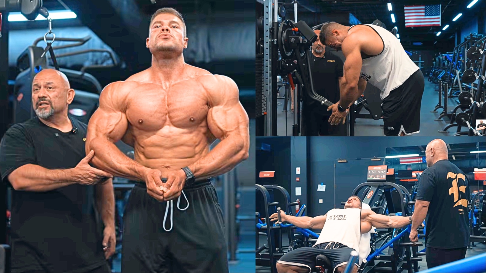 Homem musculoso usando máquinas de treino, como Standing Multi Fly e Power Smith Dual Upper Chest, para trabalhar o peito