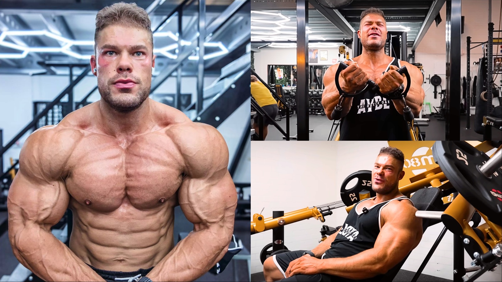Um homem força um peso no banco inclinado, com uma máquina de pressão inclinada ao fundo e cabos de treino ao lado