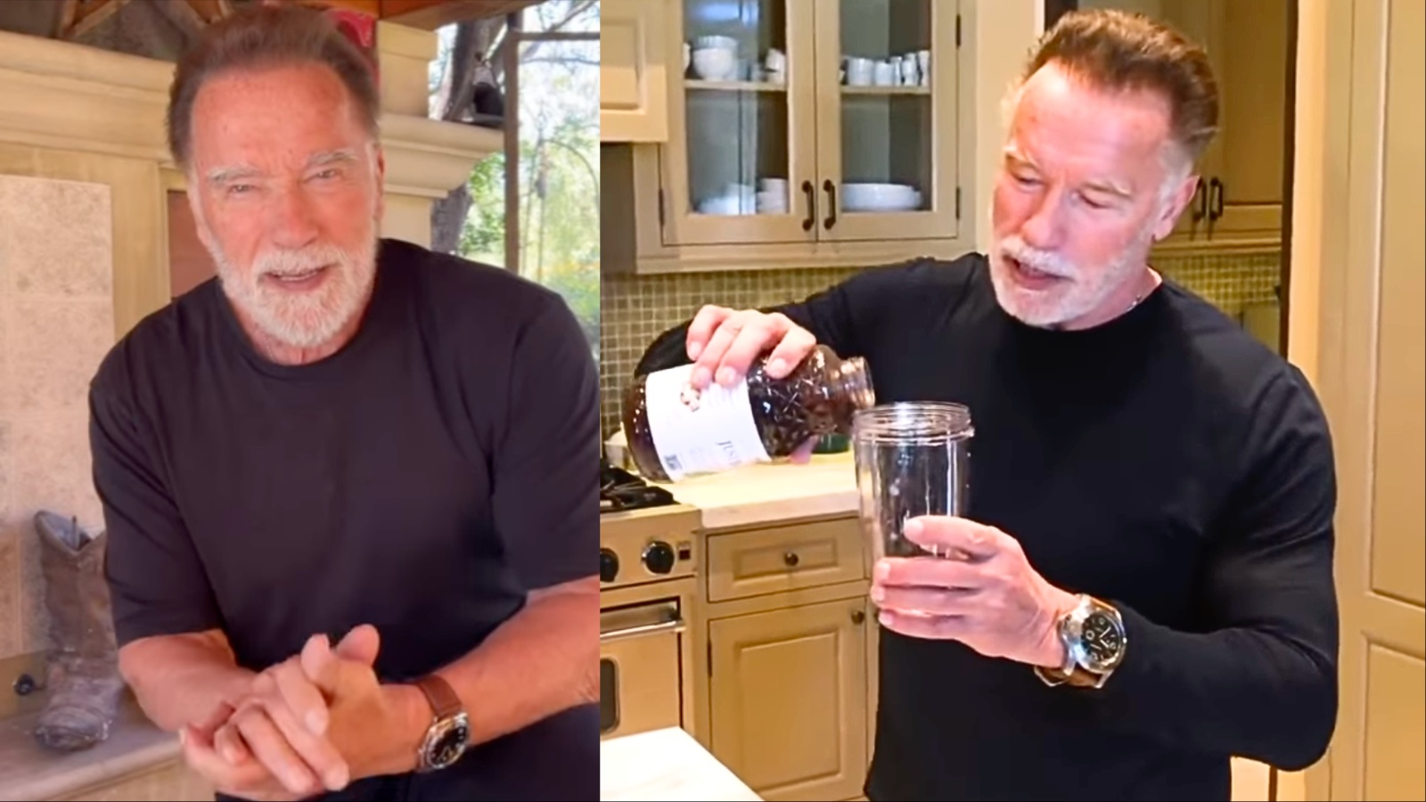 Pote de whey ao lado de halteres, Arnold Schwarzenegger em pose de força, prancha de treino e uma garrafa de água no fundo