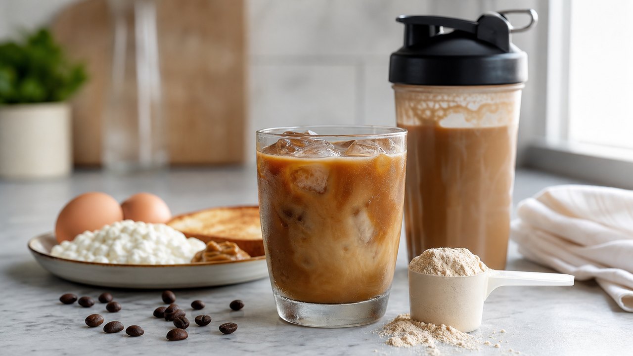 Café preto em caneca ao lado de scoop de whey, colher de mel e colher de proteína sobre bancada