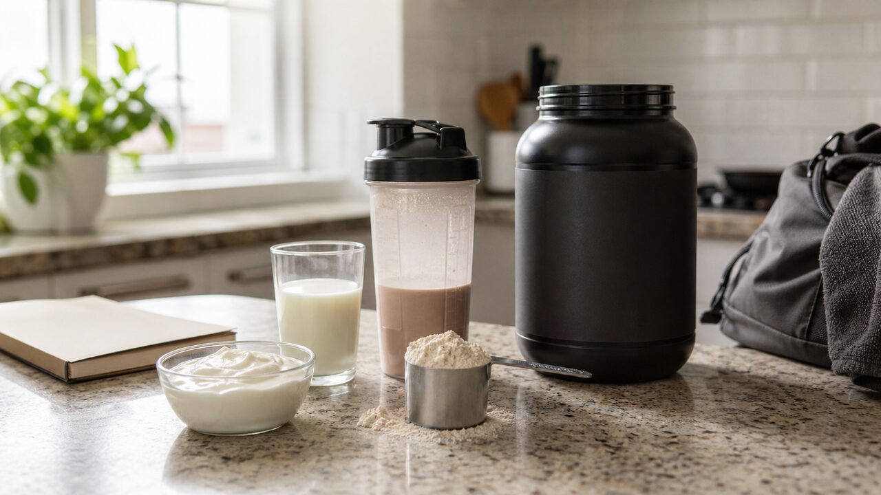 Frasco de whey isolate ao lado de um copo com shake, frutas frescas e halteres sobre um tapete de treino