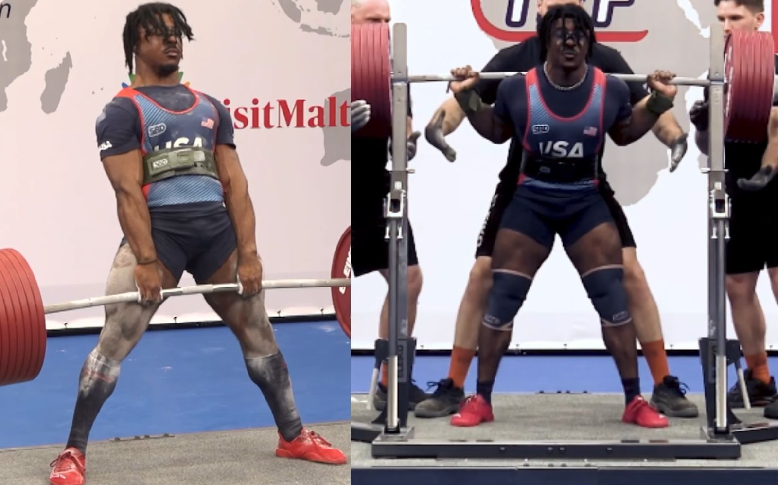 Um homem forçudo, com braços musculosos e um sorriso confiante, segurando uma barra de Deadlift e cercado por pratos de frango grelhado e vegetais